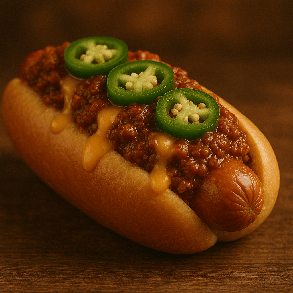 Chili dog con queso cheddar y jalapeños
