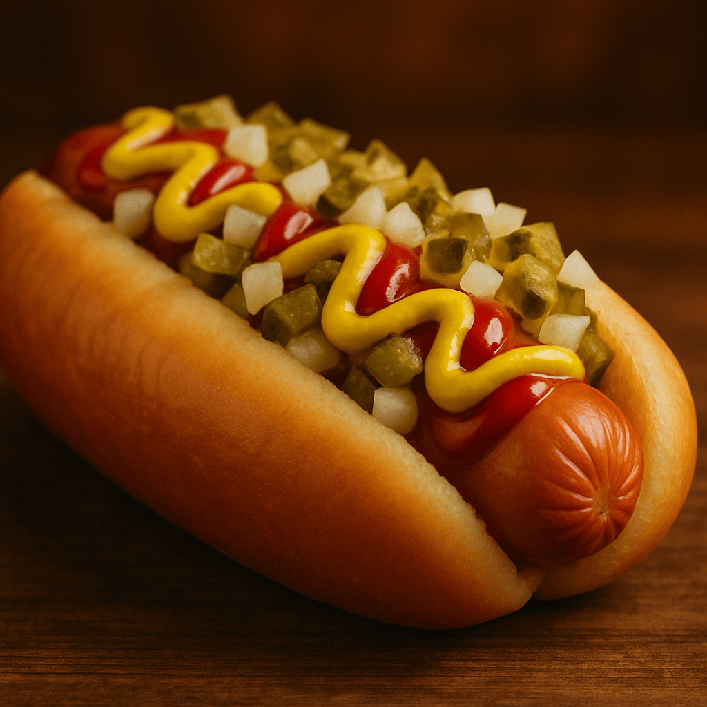 Hot dog estilo americano con mostaza, kétchup, cebolla y pepinillos